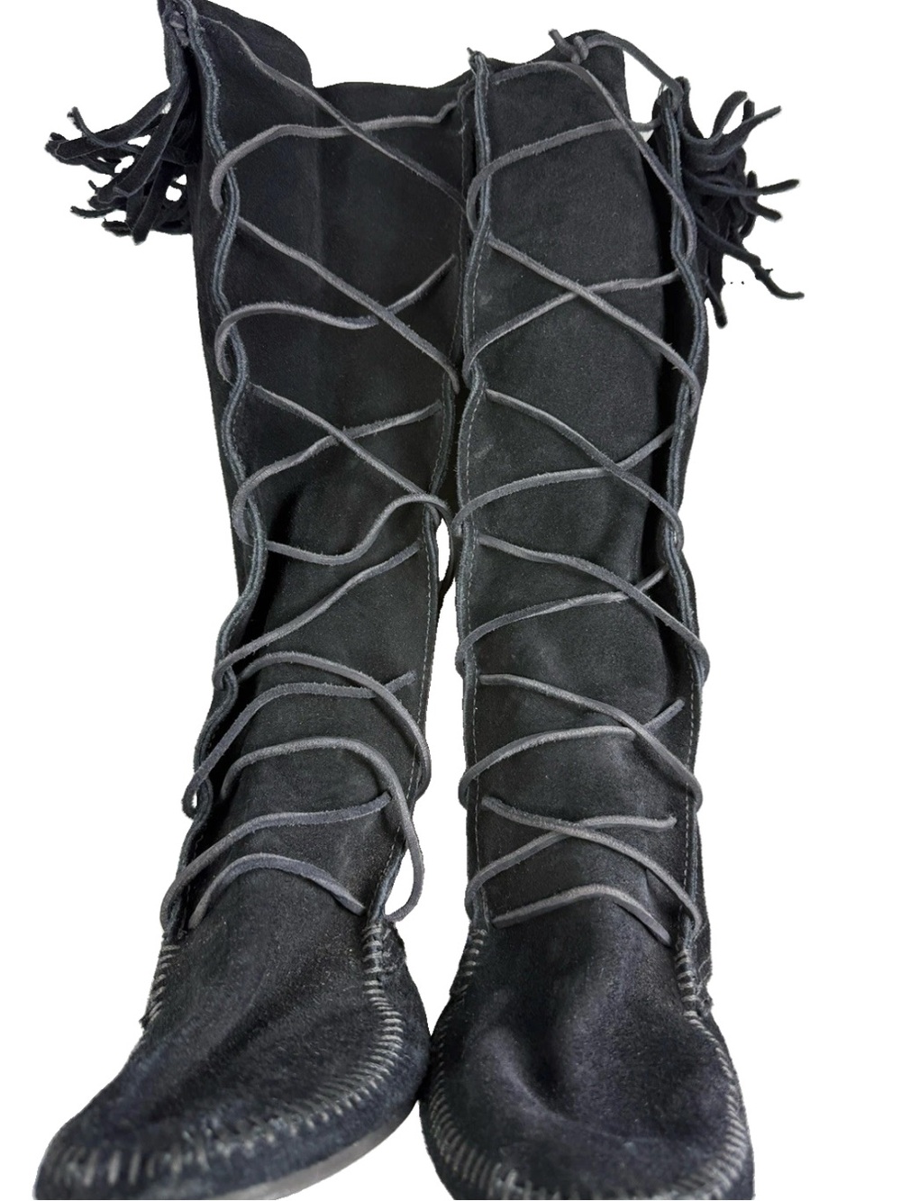 Vintage 80’s Minnetonka WM 10 Suede Lace Up Fringe Knee High 17” Boots Soft Sole